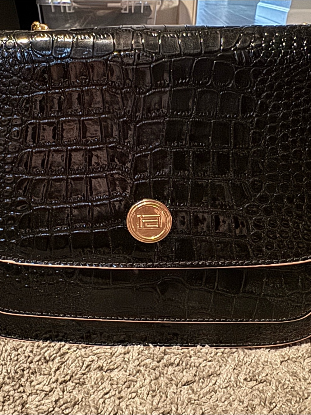 Black Croc-Embossed Patent Shoulder Bag with Gold Medallion
